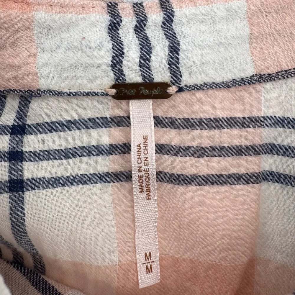 Free People Button Down Womens M Pink Plaid Embroidered Mixed Media‎ Shirt